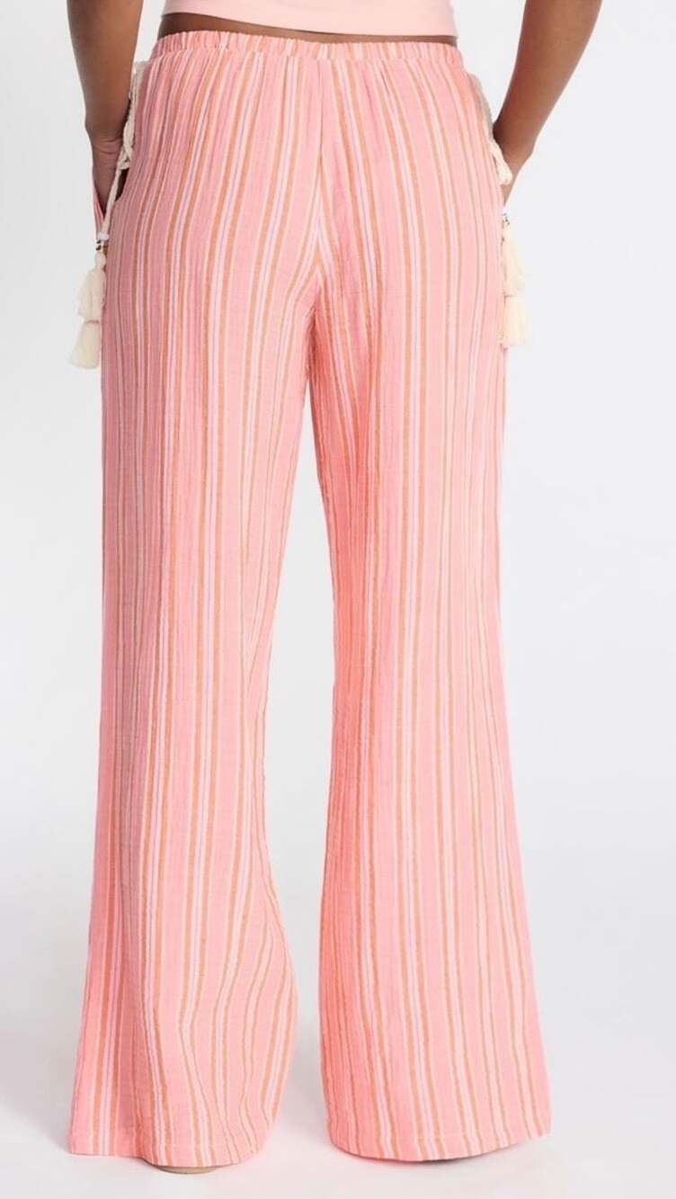 NWT No Boundaries Women's Cotton Gauze Side Tie Pants in Coral/Pink/White Stripe - Picture 3 of 5